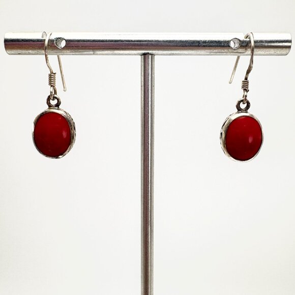 VTG Sterling Silver 925 Red Cabochon Gemstone Dangle Earrings Size 1" Length - Picture 1 of 9